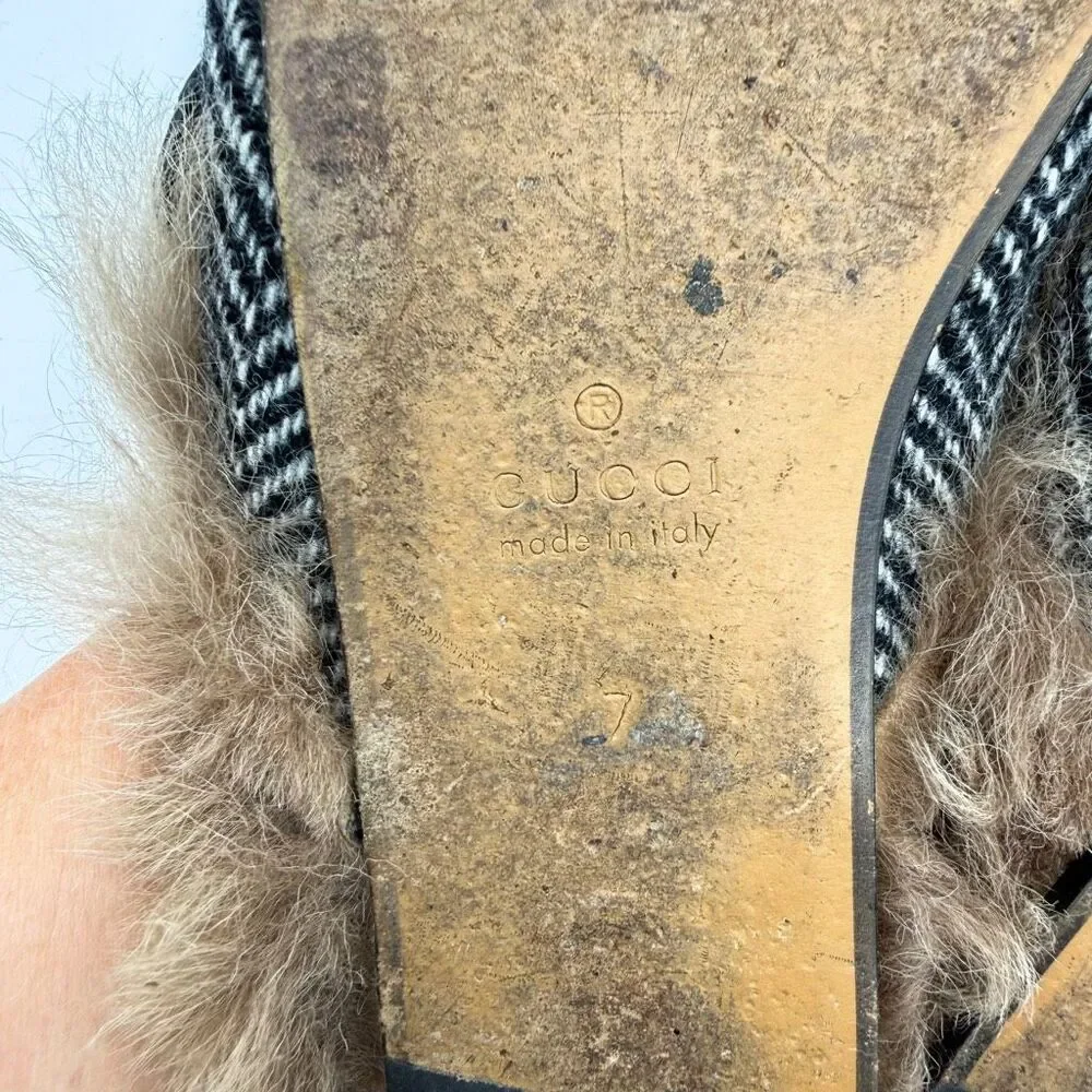 Gucci Princetown Herringbone Fur Mules GG Web Stripe Horsebit Loafers 7.5